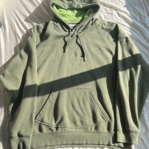 Vintage Nike Men's Olive Hoodie with Lime Accents